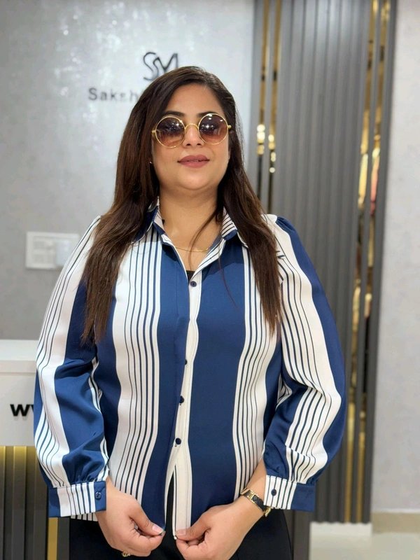SKU 2156 Beautiful Satin Shirt - Free Size M To XXL, Blue And White
