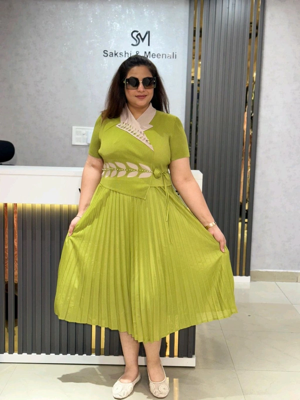 SKU 1650 Timeless Pleated Midi Dress for Effortless Style - Free Size M To 5xl, Green