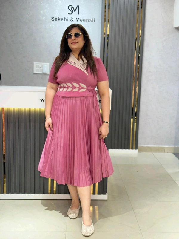 SKU 1650 Timeless Pleated Midi Dress for Effortless Style - Free Size M To 5xl, Pink