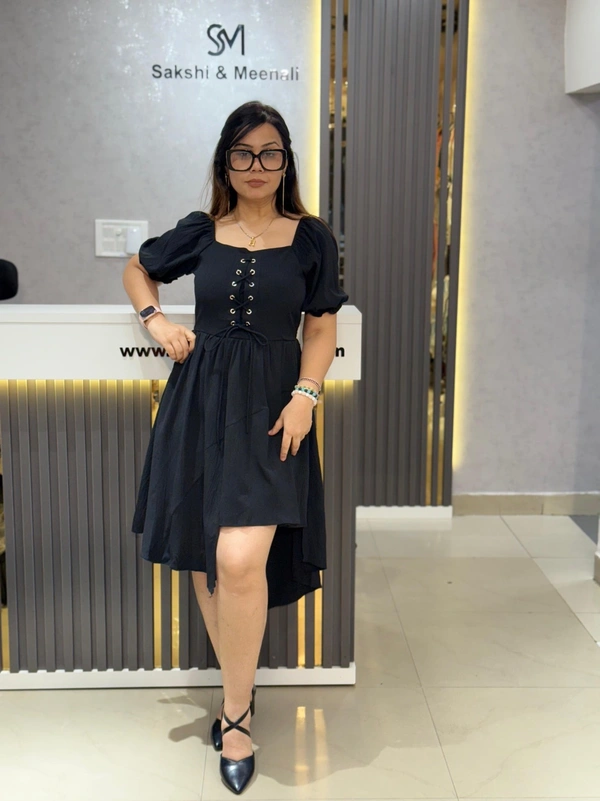 SKU 2124 Elegant Lace-Up High-Low Dress - Free Size M To XL, Black