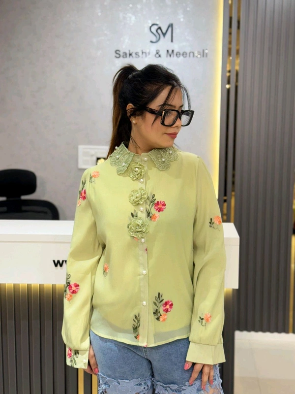 SKU 2116 Beautiful 2 Piece Shirt With 3D Flower Button - Free Size M To Xl, Green