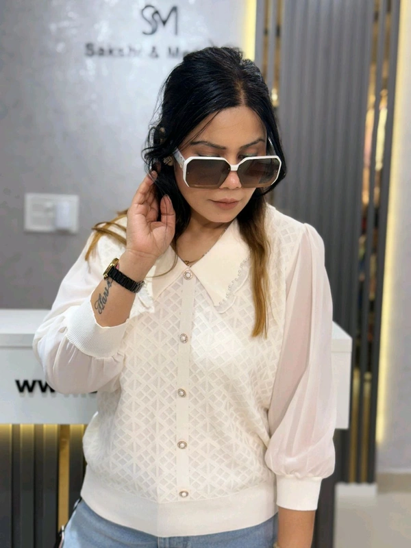 SKU 2181 Beautiful Knitted Top  - White, Free Size M To Xl