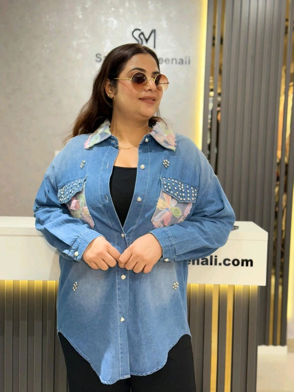 SKU 2182 Elegant Denim Shirt - Blue, Free Size M To XXXL, Bust Upto 46