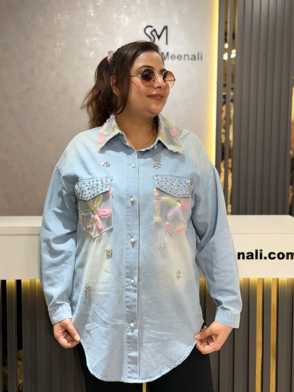 SKU 2182 Elegant Denim Shirt - Free Size M To XXXL, Bust Upto 46, Light Blue