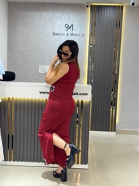 SKU 2151 Elegant Dress With Flower Detailing  - Free Size M To XXL, Maroon