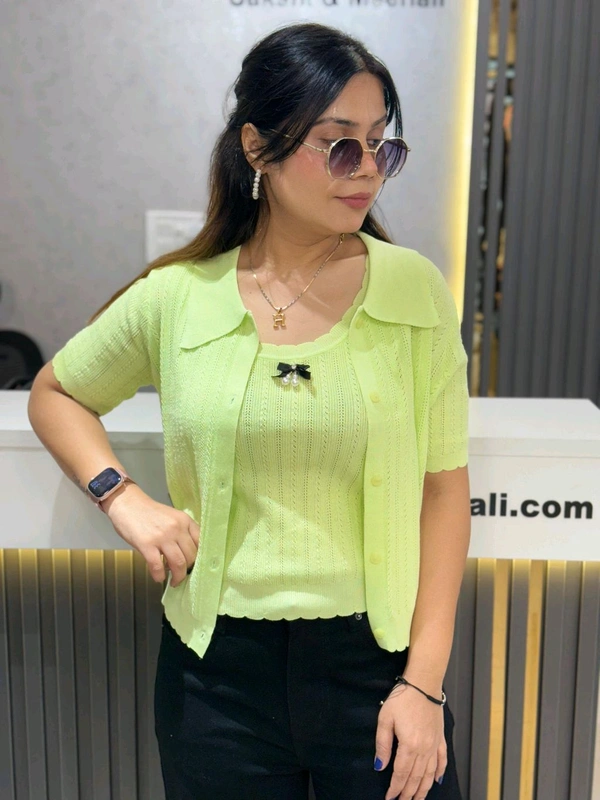 SKU 2184 Elegant Knitted 2 Pic Top With Bow Detailing  - Free Size M To XXL, Neon Green