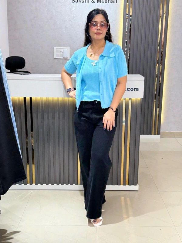 SKU 2184 Elegant Knitted 2 Pic Top With Bow Detailing  - Free Size M To XXL, Ferozi