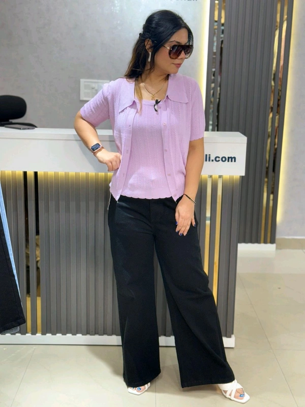 SKU 2184 Elegant Knitted 2 Pic Top With Bow Detailing  - Free Size M To XXL, Purple
