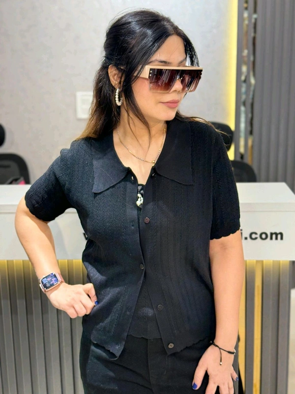 SKU 2184 Elegant Knitted 2 Pic Top With Bow Detailing  - Free Size M To XXL, Black