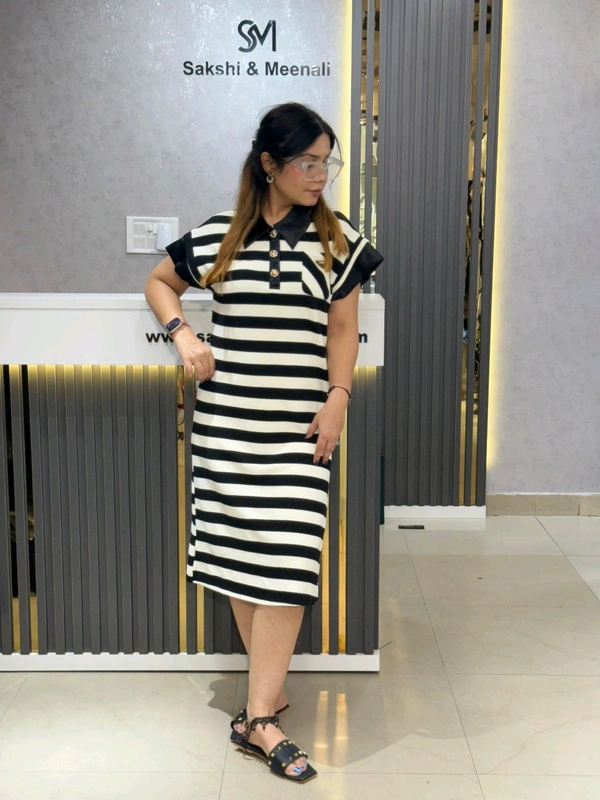 SKU 2173 Beautiful Stripes Dress With Satin Collar Detailing  - Black And White, Free Size M To XL