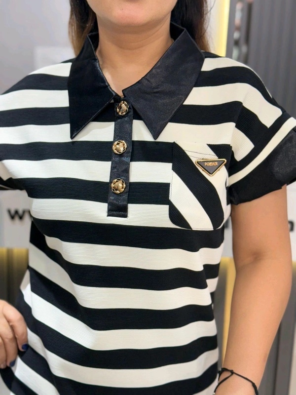 SKU 2173 Beautiful Stripes Dress With Satin Collar Detailing  - Black And White, Free Size M To XL
