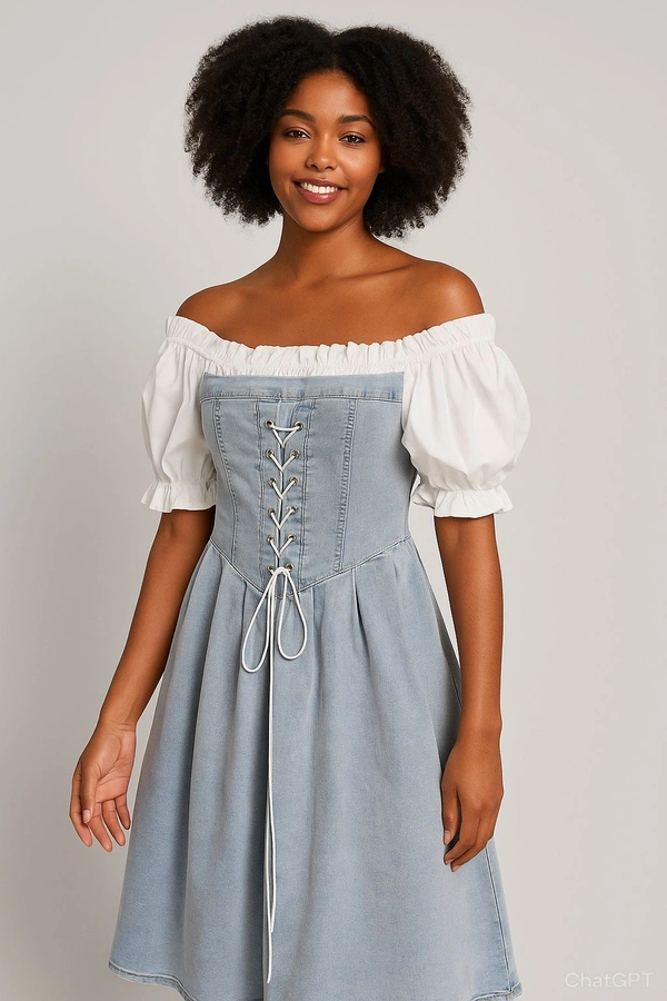 SKU 2164 Beautiful Denim Dress With Puff Selves  - Free Size M To Xl, White