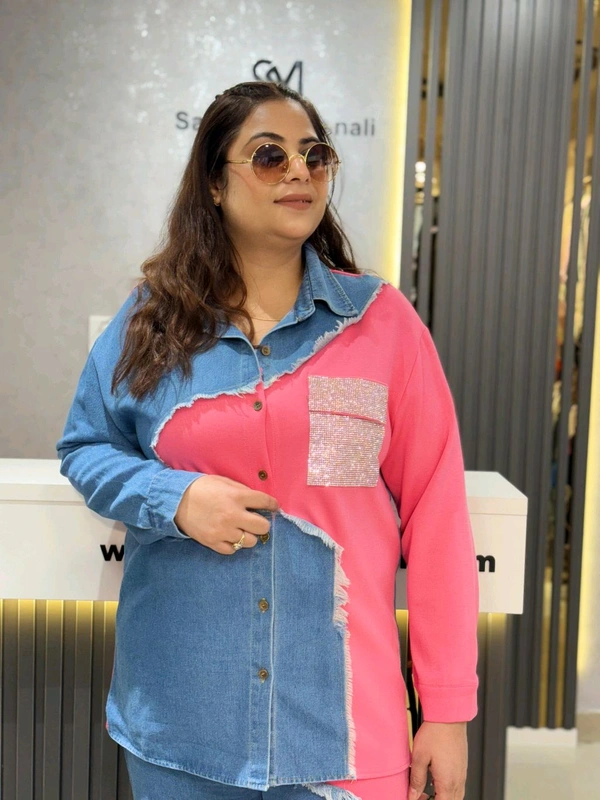 SKU 2185 Denim Drama with Glitter Pop - Pink, Free Size M To XXXL