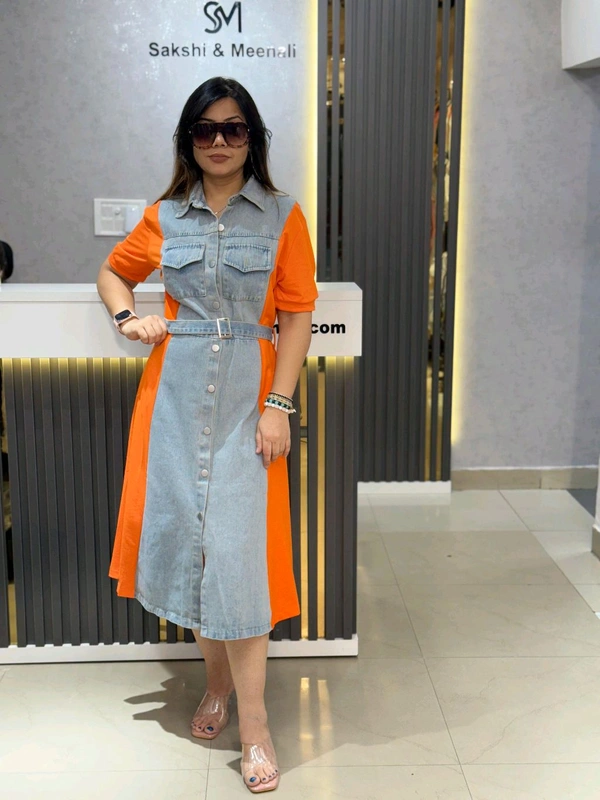 SKU 2188 Beautiful Denim Dress With Belt  - Orange, Free Size M To XXL