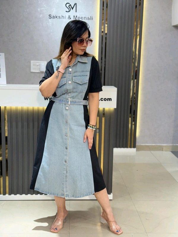 SKU 2189 Beautiful Denim Dress With Belt  - Black, Free Size M To XXL