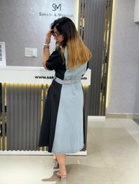 SKU 2189 Beautiful Denim Dress With Belt  - Black, Free Size M To XXL