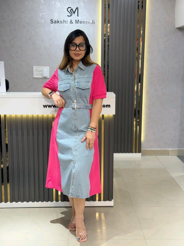SKU 2189 Beautiful Denim Dress With Belt  - Hot Pink, Free Size M To XXL