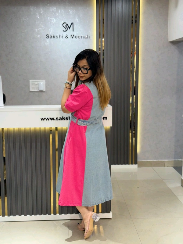 SKU 2189 Beautiful Denim Dress With Belt  - Hot Pink, Free Size M To XXL