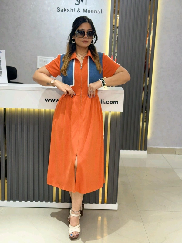 SKU 2186 Beautiful Dress With Denim Detailing  - Orange, Free Size M To XXL