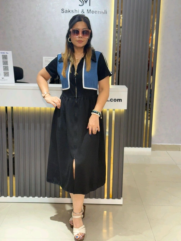 SKU 2186 Beautiful Dress With Denim Detailing  - Free Size M To XXL, Black