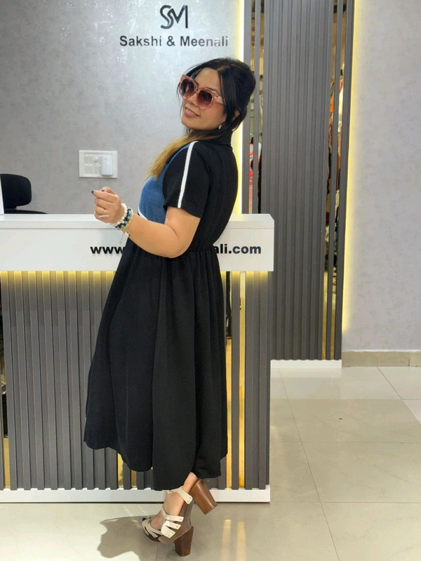 SKU 2186 Beautiful Dress With Denim Detailing  - Free Size M To XXL, Black