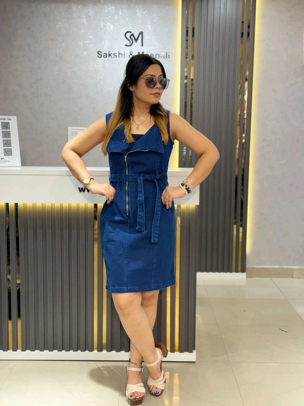 SKU 2081 Beautiful Denim Dress With Zip Detailing  - Free Size M To XXL, Blue
