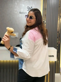 SKU 2193 Elegant Denim Shirt With Teddy Bear - Pink, Free Size M To 3XL
