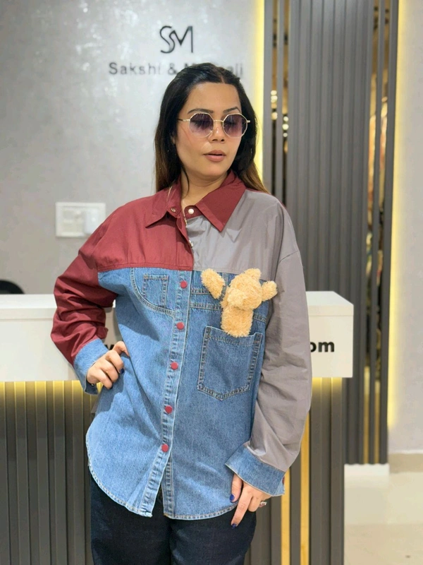 SKU 2193 Elegant Denim Shirt With Teddy Bear - Free Size M To 3XL, Maroon