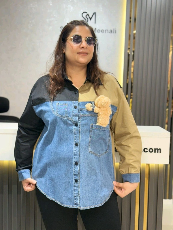 SKU 2193 Elegant Denim Shirt With Teddy Bear - Free Size M To 3XL, Maroon