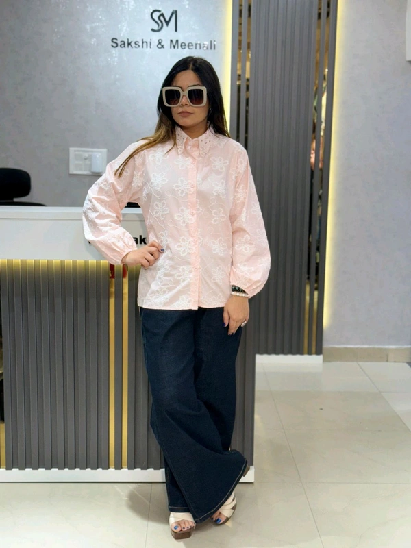 SKU 2195 Beautiful Embroidery Shirt With Pearls On Collar  - Peach, Free Size M To XL