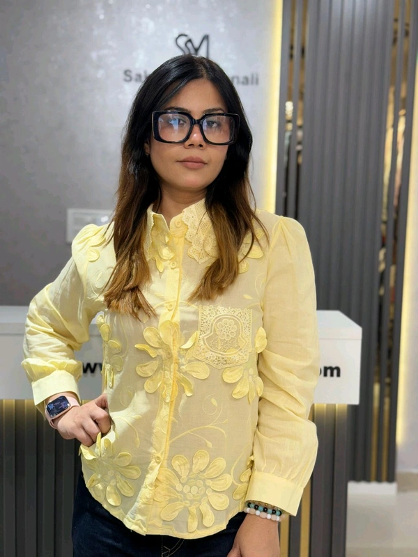 SKU 2198 Beautiful Self Embroidered Shirt - Yellow, Free Size M To XL