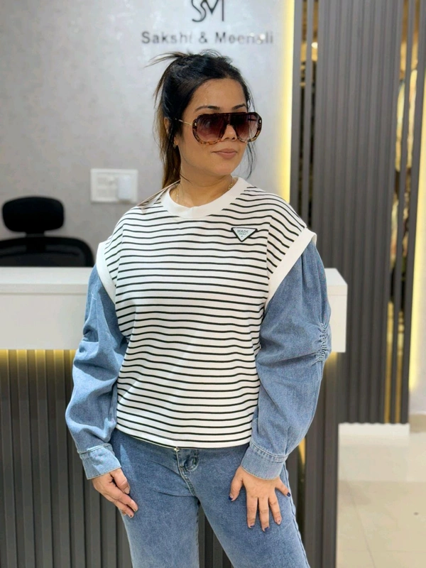 SKU 2200 Beautiful Stripes Top With Denim Selves  - White, Free Size M To XXL