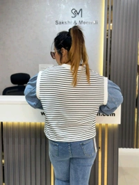 SKU 2200 Beautiful Stripes Top With Denim Selves  - White, Free Size M To XXL