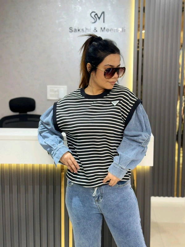 SKU 2200 Beautiful Stripes Top With Denim Selves  - Black, Free Size M To XXL