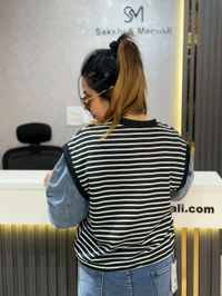 SKU 2200 Beautiful Stripes Top With Denim Selves  - Black, Free Size M To XXL