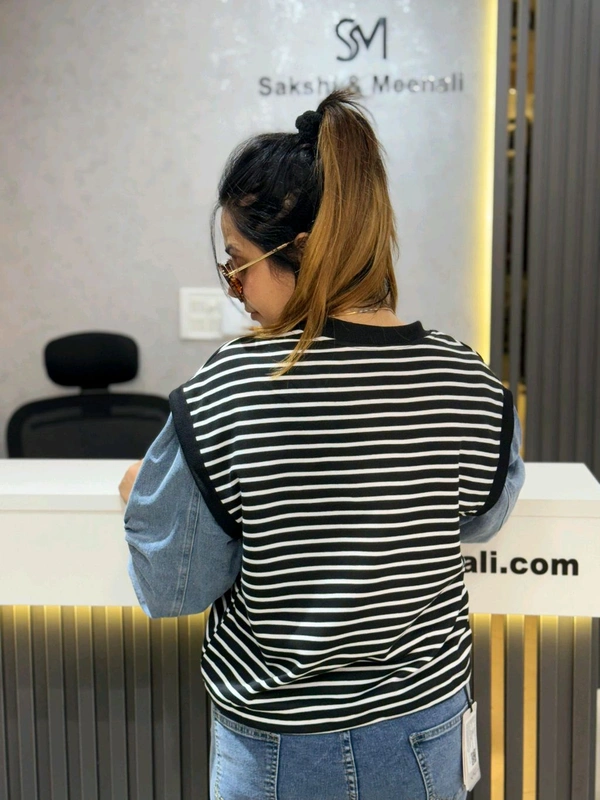 SKU 2200 Beautiful Stripes Top With Denim Selves  - Black, Free Size M To XXL