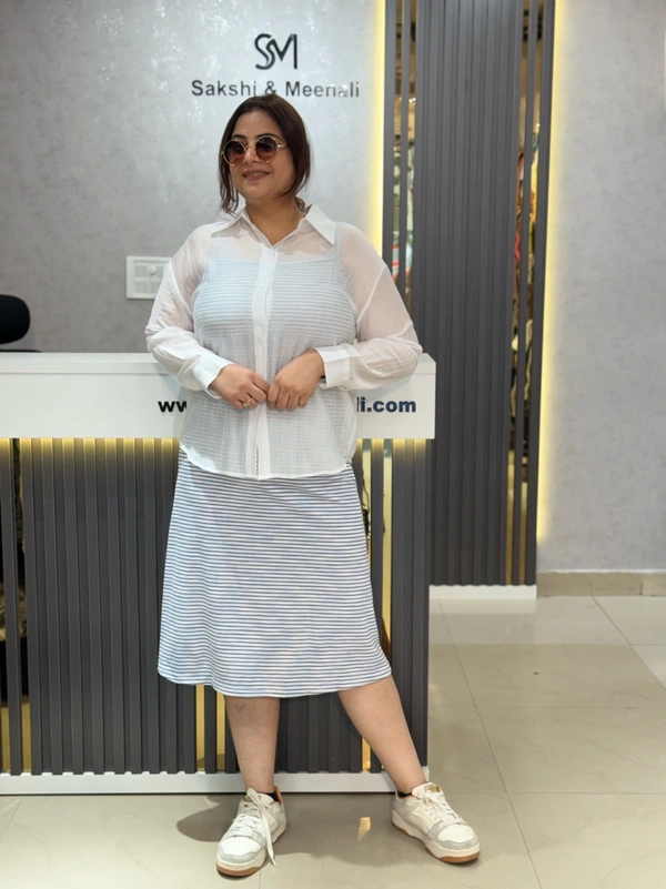 SKU 2202 Beautiful Stripes Dress With Jacket - Blue, Free Size M To XXL