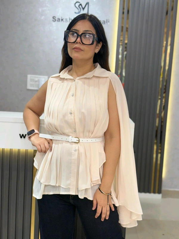 SKU 2204 Beautiful Platted Top With Belt - Free Size M To XXL, Beige