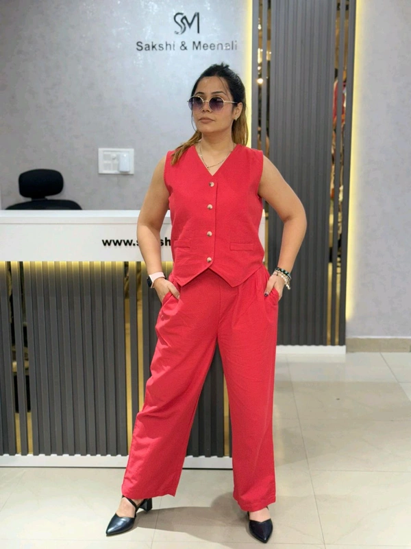 SKU 2079 Red Beautiful Vest With Pant - Red, M L Xl XXL