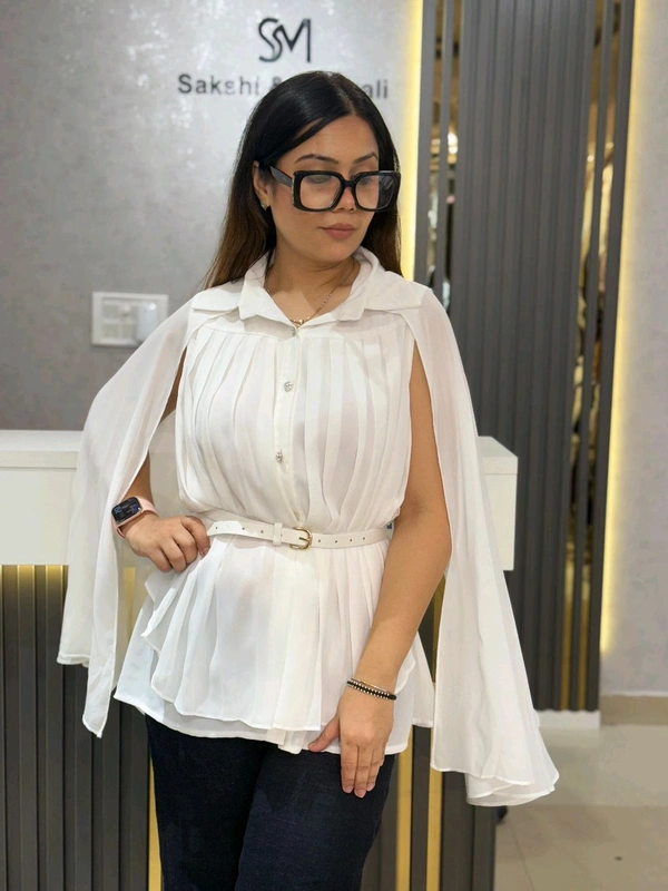 SKU 2204 Beautiful Platted Top With Belt - Free Size M To XXL, White