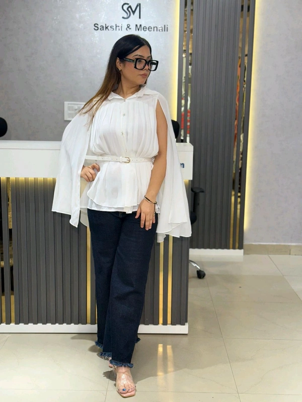SKU 2204 Beautiful Platted Top With Belt - Free Size M To XXL, White