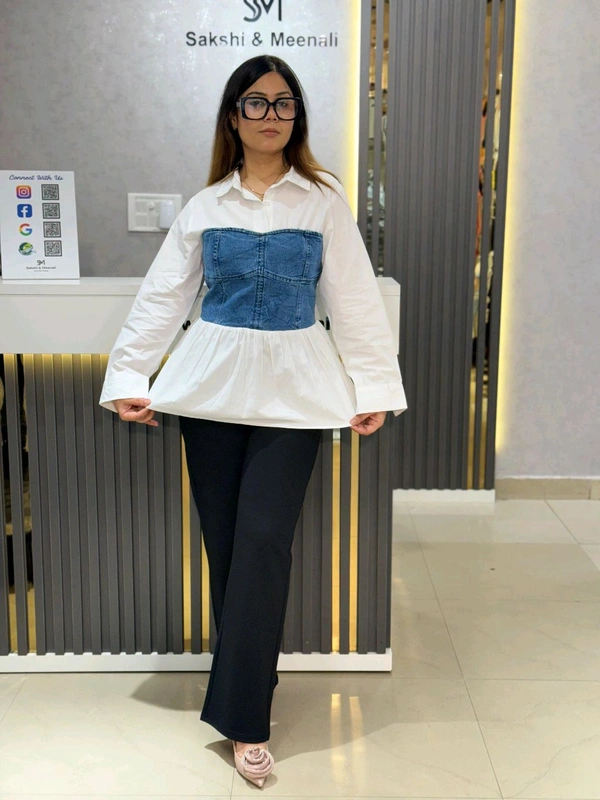 SKU 2209 Beautiful Shirt With Denim  - White, M To XXL