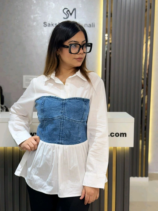 SKU 2209 Beautiful Shirt With Denim  - White, M To XXL