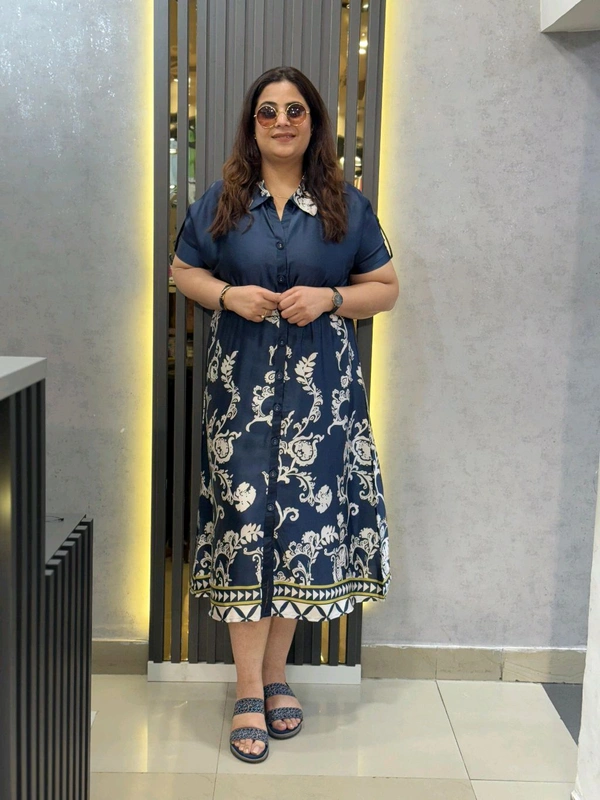 2211 Beautiful Printed Satin Dress - Dark Blue, Free Size M To XXL