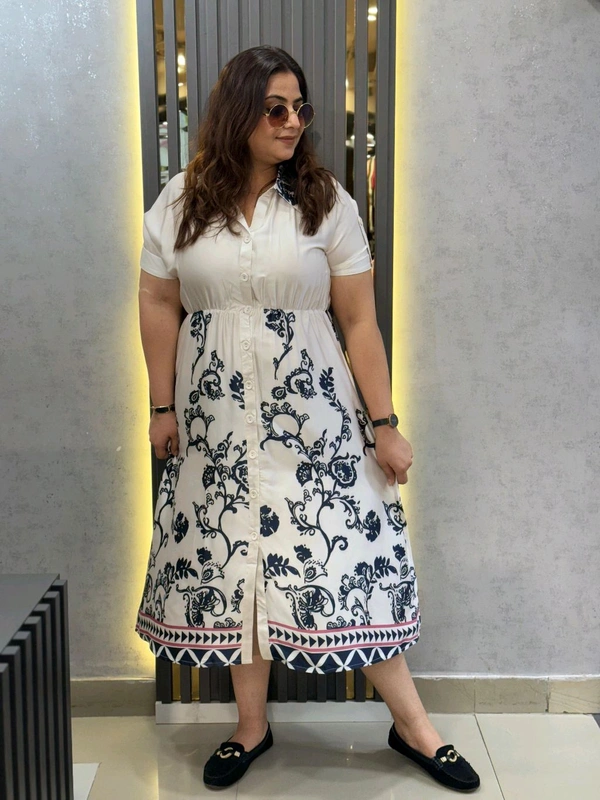 2211 Beautiful Printed Satin Dress - Dark Blue, Free Size M To XXL