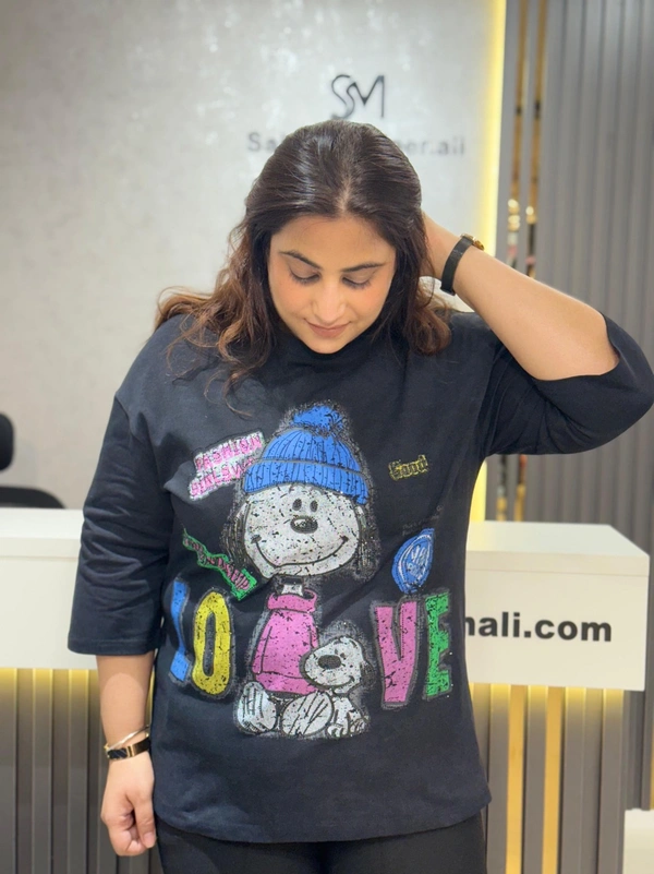 SKU 2203 Beautiful Cartoon Print Tees - Free Size M To XXXL, Black