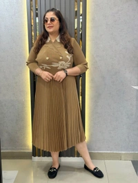 SKU 1650 Timeless Pleated Midi Dress for Effortless Style - Free Size M To 5xl, Brown