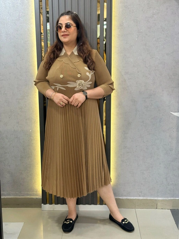 SKU 1650 Timeless Pleated Midi Dress for Effortless Style - Free Size M To 5xl, Brown