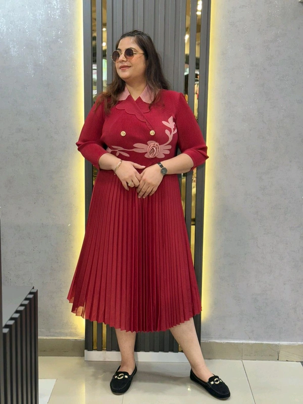 SKU 1650 Timeless Pleated Midi Dress for Effortless Style - Free Size M To 5xl, Red