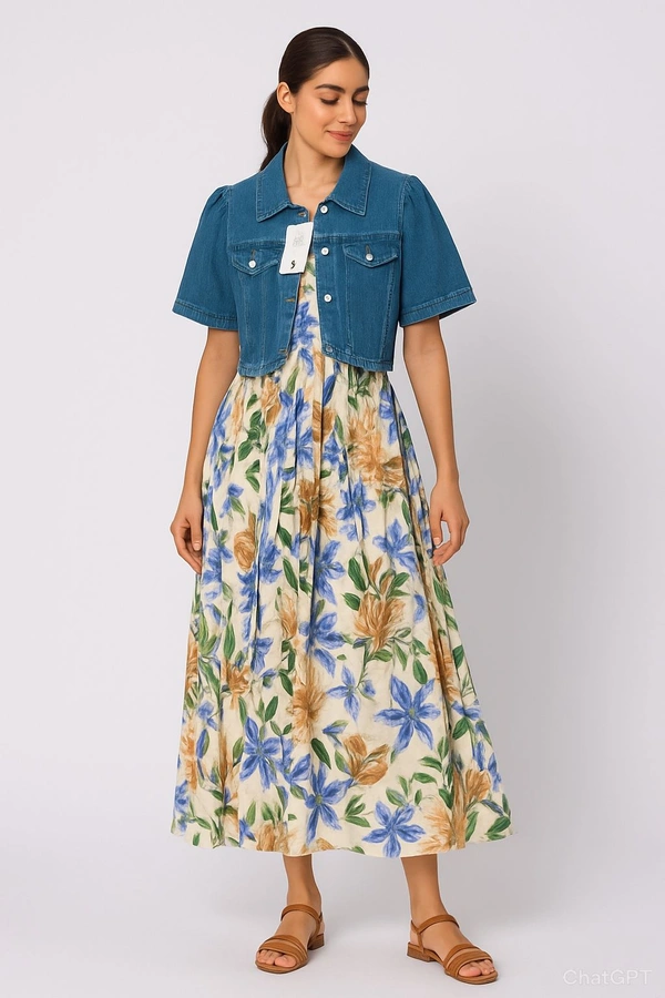 SKU 2220 Beautiful Dress With Denim Jacket - Free Size M To XXL, Dark Blue
